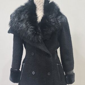bebe Black Pea Coat with Faux Fur Collar